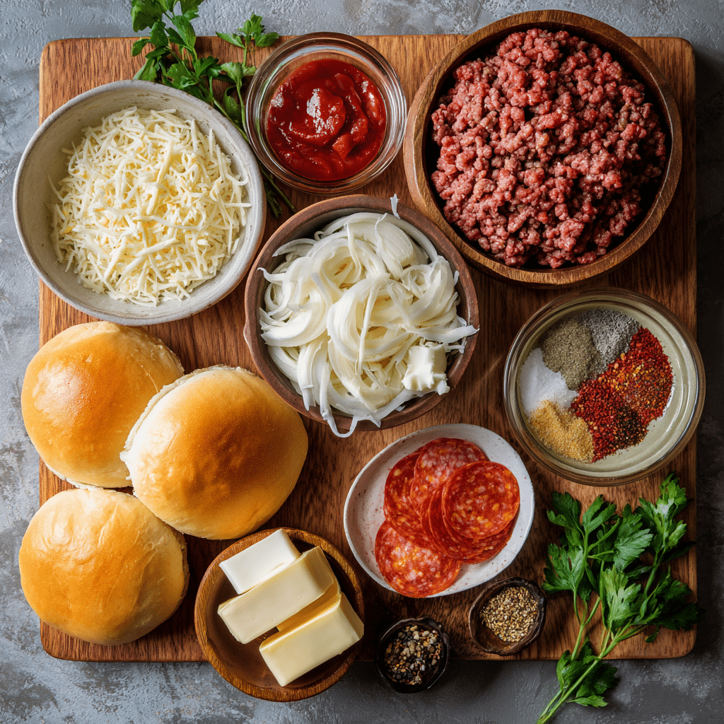 Ingredients for Pizza Burger with Pepperoni & Cheese on wooden board