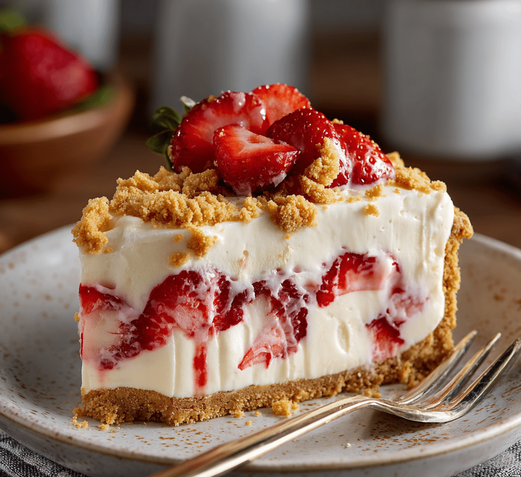 Slice of strawberry shortcake ice cream pie on a white plate, topped with whipped cream, cookie-strawberry crumble, and fresh strawberries, recipe blog style